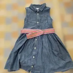 デニム ノースリーブワンピース ウエストリボン付き