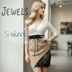 試着のみ JEWELS レース袖タイトドレス ベージュ・ホワイト　S