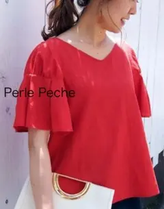 【美品】Perle Peche オレンジ フレア袖 Vネック トップス