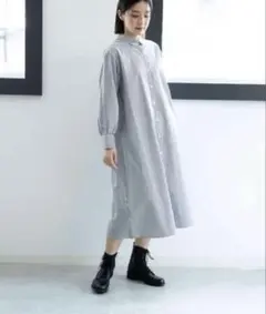 nano・universeストライプの長袖ロングシャツワンピース ポケット付
