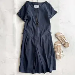 マーガレットハウエル MHL. コットンリネン フレアワンピース 膝丈 ネイビー
