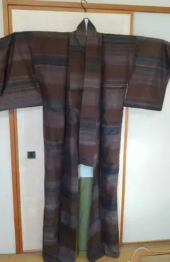 ブラウン 系多色縞 紬着物