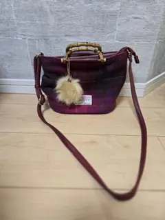 パープル系ウール風バッグ バンブーハンドル