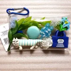 ガチャ詰め風　キャンディキーホルダー　猫と花のデザイン　ポーチ　ブルー　F-2