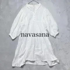 ナヴァサナ パフスリーブ レース チュニック ワンピース 綿100% 白ギャザー