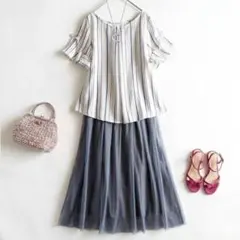 コーデ売り2点 フレア袖リボンブラウス チュールフレアスカート 大人可愛いコーデ