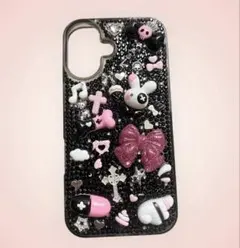 iPhone16スマホケース デコケース デコ電 ピンク 黒 地雷系 埋めつくし