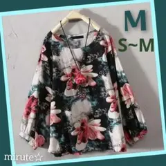 S~M バルーン袖 草花プリント カットソー ブラック