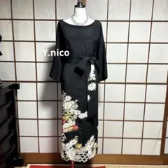 LL 着物リメイク 正絹 セミアンティーク刺繍黒留袖 シンプルゆったりワンピース