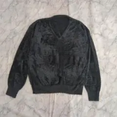 ​モード シャギー Vネック ニット セーター ブラック フェザーヤーン