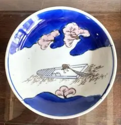 骨董皿　印版染付皿　桜咲く漁人綱打ち漁図　小皿 明治期2枚