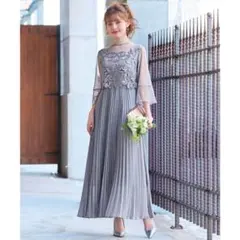 Dorry Doll メロースリーブ×プリーツドレス　花柄刺繍　ブルーグレー