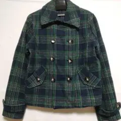 ネイビー・グリーン チェック柄 ウール混ダブルブレストジャケット