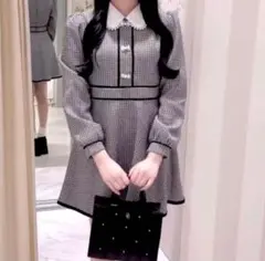 evelyn リボンビジュー襟ミニop 千鳥柄ワンピース