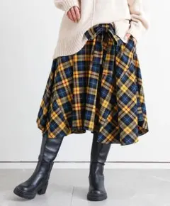 【ゆうこ様専用】 ウエストリボン チェック柄 フレアスカート イエローのサムネイル