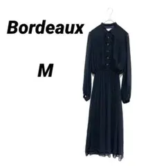 プリーツロングワンピース 濃紺 シアー素材 プリーツ リボン 9号 M レトロ