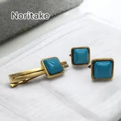 1400□ノリタケ カフス タイピンセット ターコイズ スクエア ゴールド