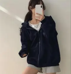 ネイビー フード付きジップパーカー amood 裏起毛 ラフ