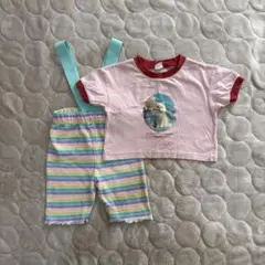 100 上下セットしまむら　micorrid ねこ ボーダー　虹　サロペット