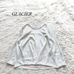 H4【グラシア】裾タックブラウス　ノーカラー　ストライプ　白　M フォーマル