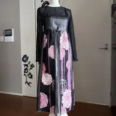 着物リメイク　黒紫の縞に華浴衣からキャミソールワンピース色選べるセミオーダー予約