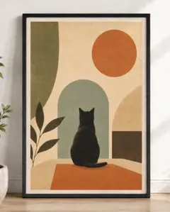 猫　黒猫　｜レトロ　モダンアート　ポスター　A4サイズ　光沢紙