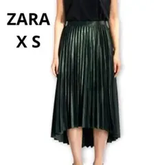 ZARA Womanアシンメトリー光沢プリーツスカート 【X S】サテン　緑