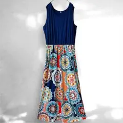 【2XL】ノースリーブ ロングワンピース ネイビー マルチカラー 夏　海外古着