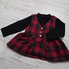 petit main 赤チェック　重ね着風トップス