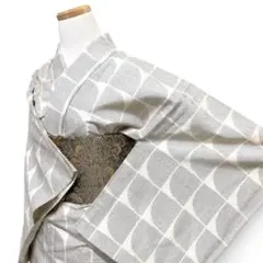 小紋　紬　単衣　抽象模様　扇　モノトーン　着物　013b d ms