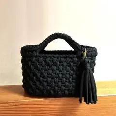 ブラック×Tシャツヤーン ズパゲッティ マルシェバッグ　真っ黒