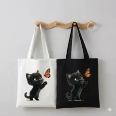 黒猫と蝶のイラスト トートバッグ 2色セット