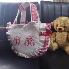 フランスアンティーク トート/リメイク フリルトート/赤イニシャル刺繍トーション
