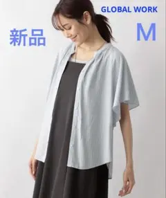 グローバルワーク　さらさらリラックスプリントブラウス　Ｍ　ストライプブルー