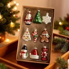 新品　ガラス製クリスマスオーナメント9個セット　テディベアクリスマスツリーサンタ