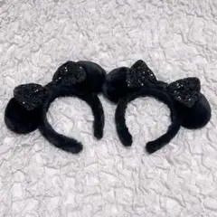 【美品】 ディズニーカチューシャ ミニー 黒 もこもこ スパンコールリボン 2点