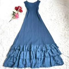美品】 プリーツプリーズ マキシ丈 Aライン ノースリーブワンピース 青