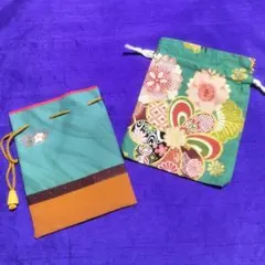 伝統的✨️華やか古典和柄の金彩花模様の巾着袋＆シック３段切替えの巾着袋✨️セット