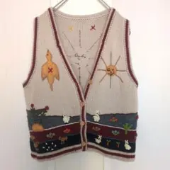 ペルー製　ハンドメイド　ニットベスト　刺繍　個性的　民族　エスニック古着　可愛い