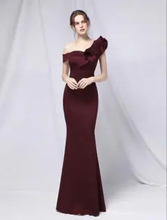 バーガンディ　レッドバイオレッド　 ワンショルダー マーメイドドレス