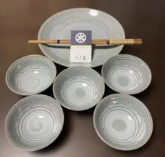 미사용 たち吉 青磁 貫入 天ぷらセット 皿 鉢 5客 箸付き