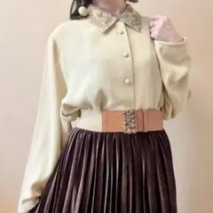 花柄 切替えデザインブラウス くるみボタン 昭和レトロ ヴィンテージ ベージュ