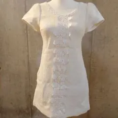 【マーキュリーデュオ】白ツイードワンピース レース装飾 半袖ミニワンピース