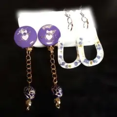 最安値　紫色ハート模様ロングチェーンイヤリングと白のピアス