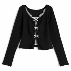 レースレイヤード風リボントップス[dk1561] ブラック