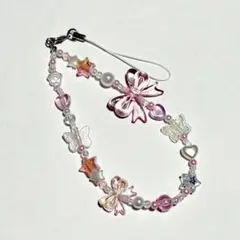 ビーズストラップ　リボン　ピンク