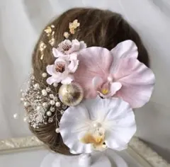 桜、胡蝶蘭造花髪飾り、結婚式や成人式、和装、卒業式、袴に、カスミソウ、和玉、金箔