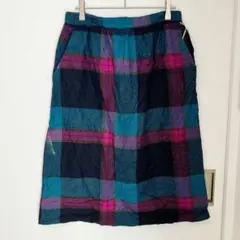 ヴィンテージ✨チェック柄 膝丈スカート ブルーパープル　海外古着　レトロ　昭和