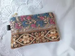 大人可愛い インド刺繍×ヌビ フラットポーチ ハンドメイド（A397）