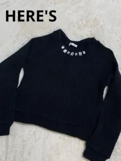HERE'S ヒアーズ ビジュー ショート丈 ニット ブラック  M